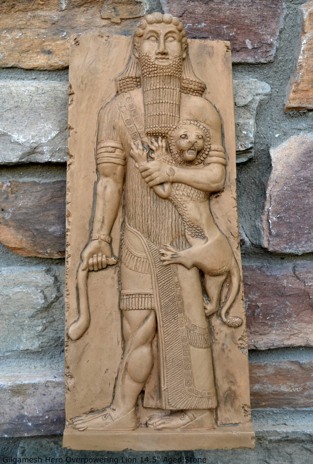 Assyrian Gilgamesh Hero Overpowering a Lion Artifact Carved Sculpture Statue Sculpture Statue 14.5