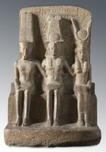Load image into Gallery viewer, History Egyptian triad Ramesses II, Amun, Mut attributes of the goddess Hathor Artifact Sculpture 6&quot; www.Neo-Mfg.com museum reproduction
