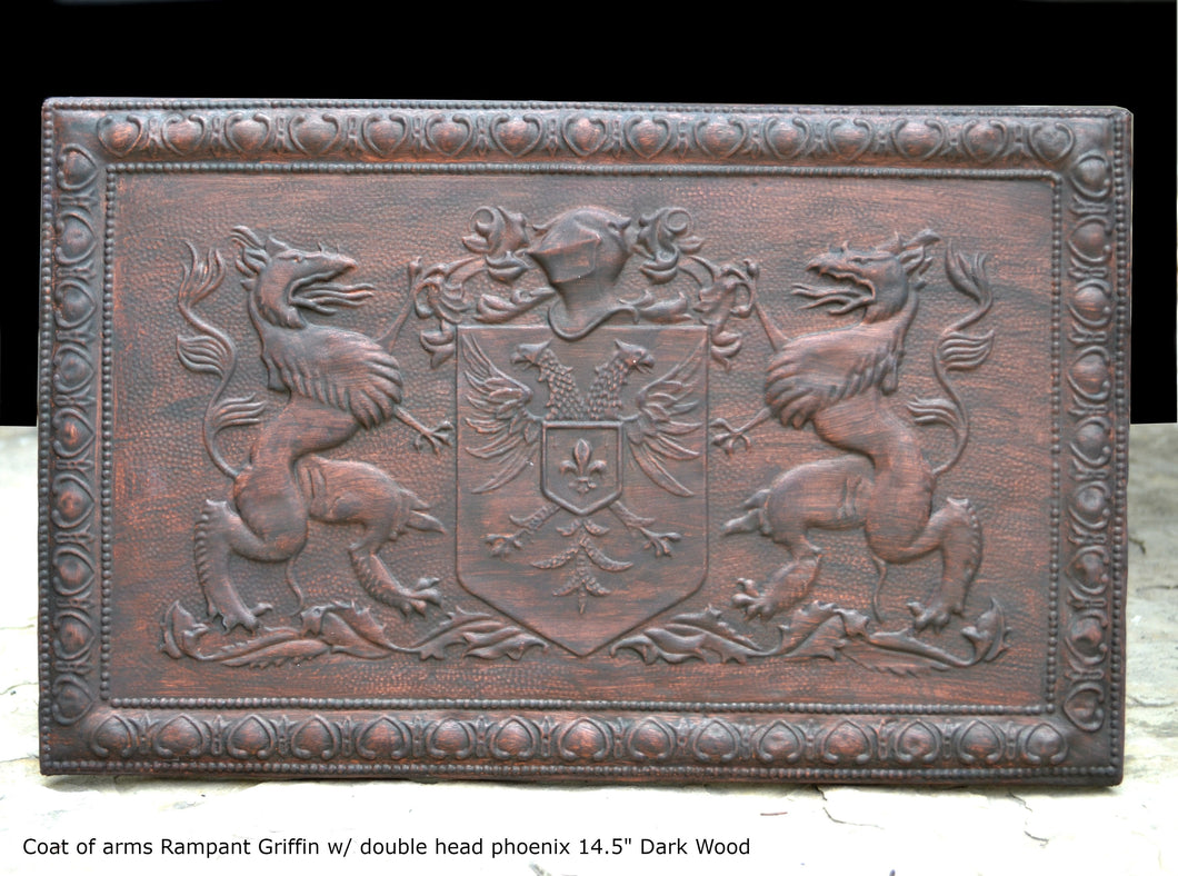Coat of arms Rampant Griffin w/ double head phoenix wall plaque relief statue sculpture 14.5