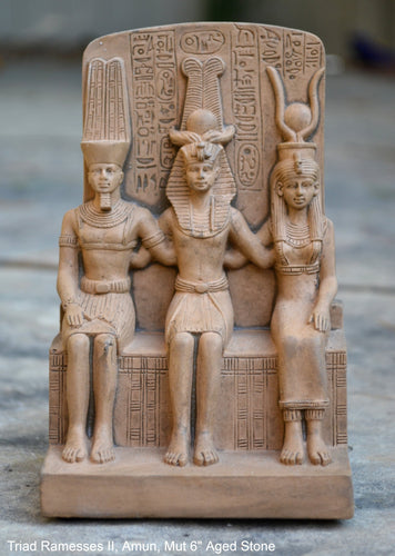 History Egyptian triad Ramesses II, Amun, Mut attributes of the goddess Hathor Artifact Sculpture 6