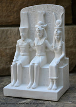 Load image into Gallery viewer, History Egyptian triad Ramesses II, Amun, Mut attributes of the goddess Hathor Artifact Sculpture 6&quot; www.Neo-Mfg.com museum reproduction
