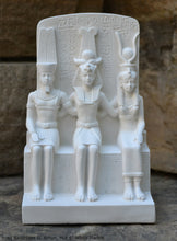 Load image into Gallery viewer, History Egyptian triad Ramesses II, Amun, Mut attributes of the goddess Hathor Artifact Sculpture 6&quot; www.Neo-Mfg.com museum reproduction
