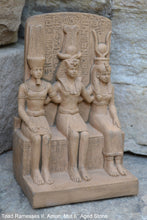 Load image into Gallery viewer, History Egyptian triad Ramesses II, Amun, Mut attributes of the goddess Hathor Artifact Sculpture 6&quot; www.Neo-Mfg.com museum reproduction
