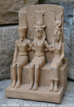 Load image into Gallery viewer, History Egyptian triad Ramesses II, Amun, Mut attributes of the goddess Hathor Artifact Sculpture 6&quot; www.Neo-Mfg.com museum reproduction
