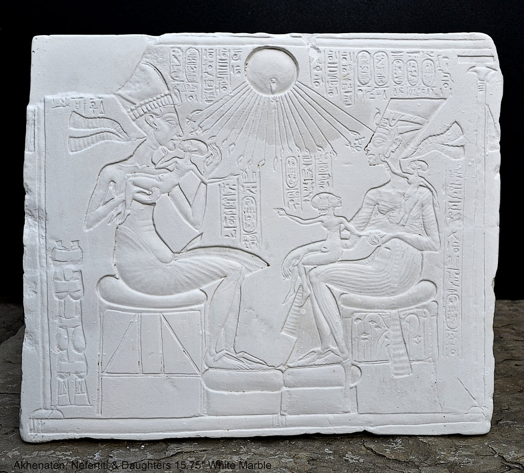 History Egyptian Akhenaten, Nefertiti & Daughters Plaque Artifact Sculpture 15.75