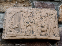 Load image into Gallery viewer, Roman Greek Musician Figure2 Sculptural Wall frieze plaque Fragment www.Neo-Mfg.com 9 5/8&quot; d3

