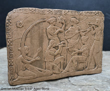 Load image into Gallery viewer, Roman Greek Musician Figure2 Sculptural Wall frieze plaque Fragment www.Neo-Mfg.com 9 5/8&quot; d3
