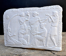 Load image into Gallery viewer, Roman Greek Musician Figure2 Sculptural Wall frieze plaque Fragment www.Neo-Mfg.com 9 5/8&quot; d3

