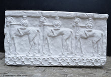 Load image into Gallery viewer, Roman Greek 3 horseman Sculptural Wall frieze plaque Fragment relief www.Neo-Mfg.com 18&quot;
