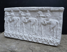 Load image into Gallery viewer, Roman Greek 3 horseman Sculptural Wall frieze plaque Fragment relief www.Neo-Mfg.com 18&quot;
