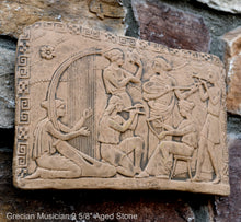 Load image into Gallery viewer, Roman Greek Musician Figure2 Sculptural Wall frieze plaque Fragment www.Neo-Mfg.com 9 5/8&quot; d3

