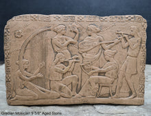 Load image into Gallery viewer, Roman Greek Musician Figure2 Sculptural Wall frieze plaque Fragment www.Neo-Mfg.com 9 5/8&quot; d3
