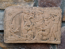 Load image into Gallery viewer, Roman Greek Musician Figure2 Sculptural Wall frieze plaque Fragment www.Neo-Mfg.com 9 5/8&quot; d3
