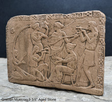 Load image into Gallery viewer, Roman Greek Musician Figure2 Sculptural Wall frieze plaque Fragment www.Neo-Mfg.com 9 5/8&quot; d3
