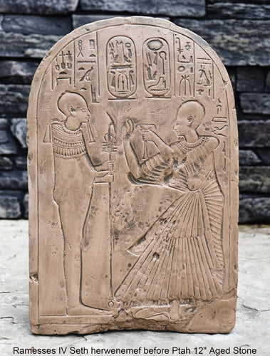 Egyptian Ramesses IV Seth herwenemef in Adoration before Ptah stele Plaque Artifact Sculpture 12
