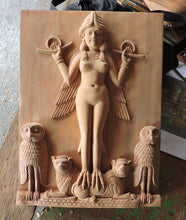 Load image into Gallery viewer, Babylonian Burney Relief Queen of Night GODDESS ISHTAR Mesopotamia Sculptural relief carving plaque www.Neo-Mfg.com 13.75&quot;

