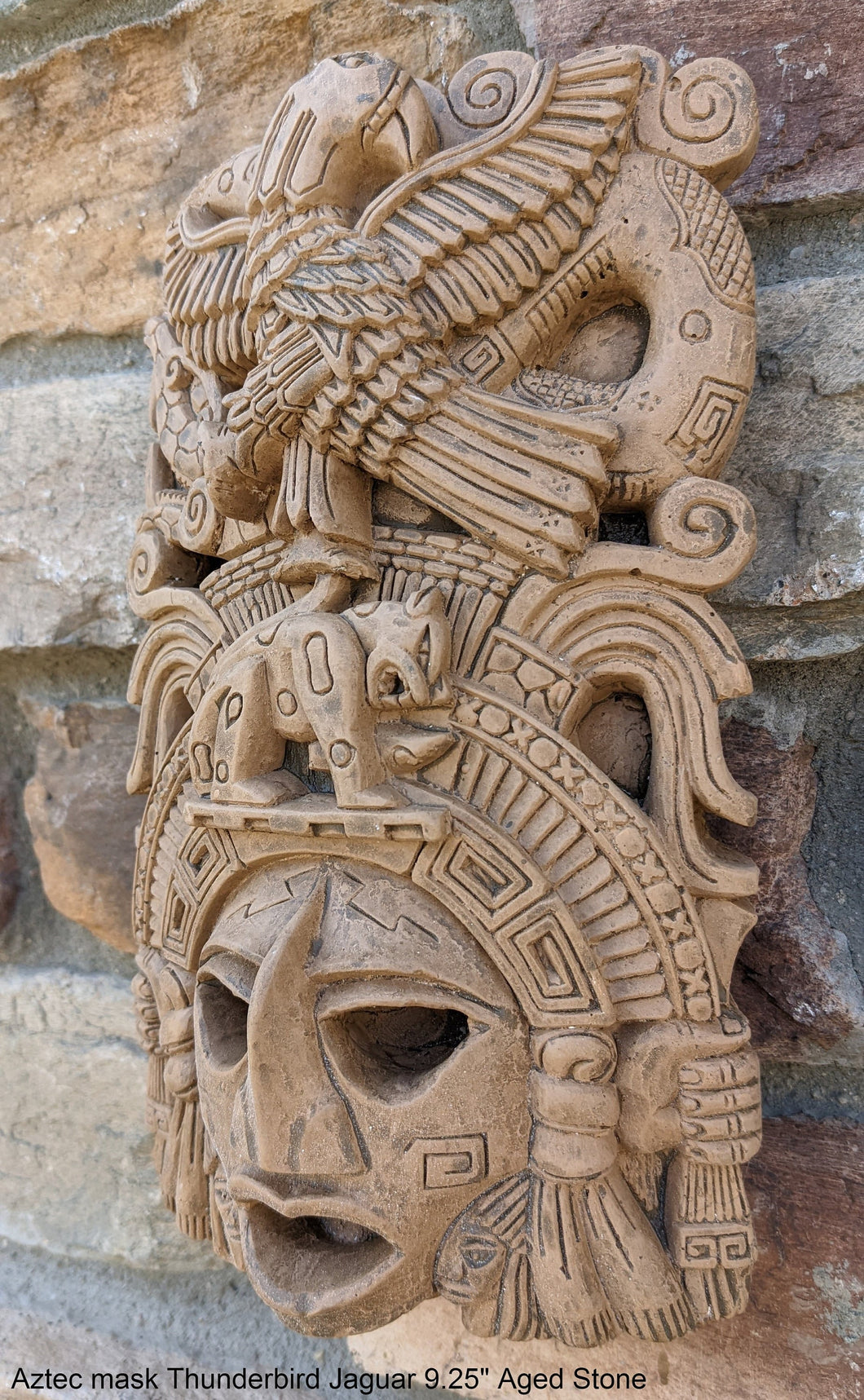 Aztec Maya Artifact mask Thunderbird Jaguar Sculpture Statue 9.25