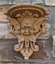 Load image into Gallery viewer, Gargoyle Satyr wall Shelf corbel Grotesque goblin sculpture www.NEO-MFG.com 9.25&quot; winged greenman leaf face
