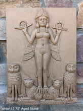 Load image into Gallery viewer, Babylonian Burney Relief Queen of Night GODDESS ISHTAR Mesopotamia Sculptural relief carving plaque www.Neo-Mfg.com 13.75&quot;
