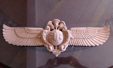 Load image into Gallery viewer, Egyptian winged Scarab Wadjet Pediment hieroglyph Sculptural wall relief www.Neo-Mfg.com 22&quot;
