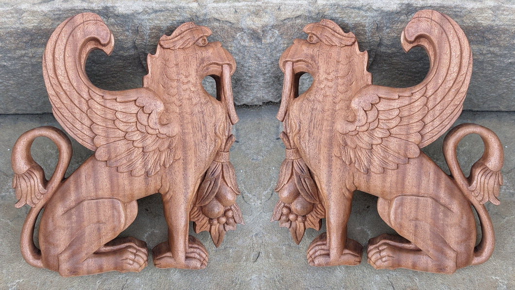 Griffin gryphons Winged lion wall Sculpture plaque set pair 9.5