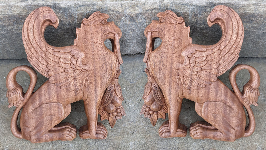 Griffin gryphons Winged lion wall Sculpture plaque set pair 9.5