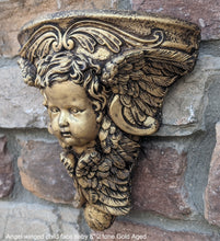 Load image into Gallery viewer, Angel winged child face baby corbel wall sconce shelf 8" sculpture www.NEO-MFG.com
