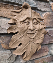 Load image into Gallery viewer, Green Man Leaf Face wink Tree Man Mythical wall Sculpture Mask Wall Plaque Vintage sculpture 13&quot; www.Neo-Mfg.com
