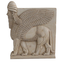 Load image into Gallery viewer, Assyrian Lamassu winged Lion wall Sculpture Face Left www.Neo-Mfg.com 10&quot; Mesopotamia Flat Back
