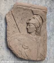Load image into Gallery viewer, Roman Greek Athena with shield fragment wall sculpture plaque www.Neo-mfg.com relic plaque 17.75&quot;
