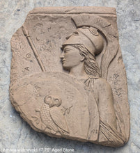 Load image into Gallery viewer, Roman Greek Athena with shield fragment wall sculpture plaque www.Neo-mfg.com relic plaque 17.75&quot;
