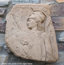 Load image into Gallery viewer, Roman Greek Athena with shield fragment wall sculpture plaque www.Neo-mfg.com relic plaque 17.75&quot;

