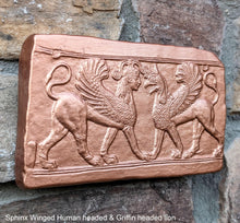 Load image into Gallery viewer, Roman Greek Sphinx Winged Human headed &amp; Griffin headed lion Sculptural wall relief plaque www.Neo-Mfg.com 7&quot; Museum reproduction k28
