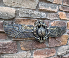 Load image into Gallery viewer, Egyptian winged Scarab Wadjet Pediment hieroglyph Sculptural wall relief www.Neo-Mfg.com 22&quot;
