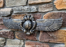 Load image into Gallery viewer, Egyptian winged Scarab Wadjet Pediment hieroglyph Sculptural wall relief www.Neo-Mfg.com 22&quot;

