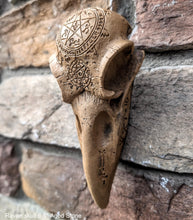 Load image into Gallery viewer, Wiccan Raven skull engraving Wall Plaque Sculpture Pagan 6.5&quot; www.Neo-Mfg.com mythical
