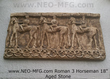 Load image into Gallery viewer, Roman Greek 3 horseman Sculptural Wall frieze plaque Fragment relief www.Neo-Mfg.com 18&quot;
