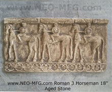 Load image into Gallery viewer, Roman Greek 3 horseman Sculptural Wall frieze plaque Fragment relief www.Neo-Mfg.com 18"
