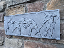 Load image into Gallery viewer, Nude Male Wrestlers Wall Plaque Antique Reproduction Figure Sculptural Wall frieze plaque relief www.Neo-Mfg.com 16"
