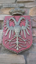 Load and play video in Gallery viewer, Decor Coat of Arms 2 Eagle Crown wall plaque sign 19" Grand www.Neo-Mfg.com home garden decor art medieval
