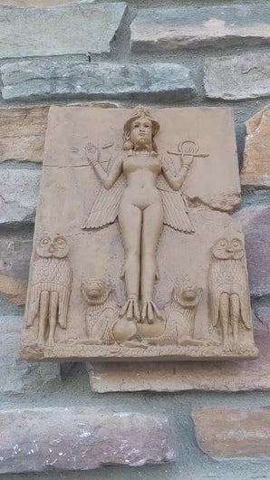 Babylonian Burney Relief  Queen of Night GODDESS ISHTAR Mesopotamia Sculptural relief carving plaque www.Neo-Mfg.com 12"