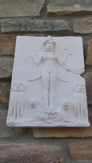 Babylonian Burney Relief  Queen of Night GODDESS ISHTAR Mesopotamia Sculptural relief carving plaque www.Neo-Mfg.com 17.5"