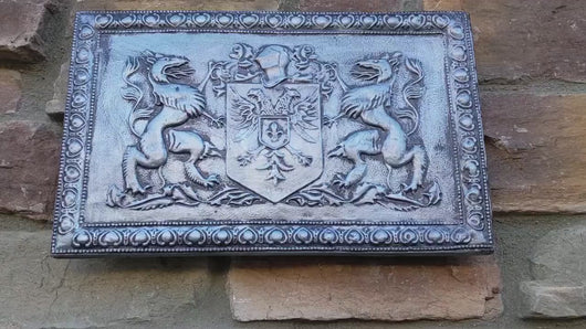 Coat of arms Rampant Griffin w/ double head phoenix wall plaque relief statue sculpture 14.5" www.Neo-Mfg.com