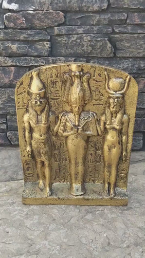 History Egyptian Triad of Osiris Dedia stele the master builder. Isis Osiris & Horus Artifact  Sculpture Statue 16" www.Neo-Mfg.com