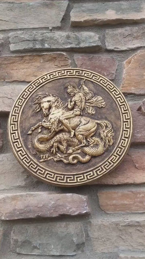 Roman Greek Saint George the Victorious Stone Carving Sculpture Wall Frieze 12" www.Neo-Mfg.com