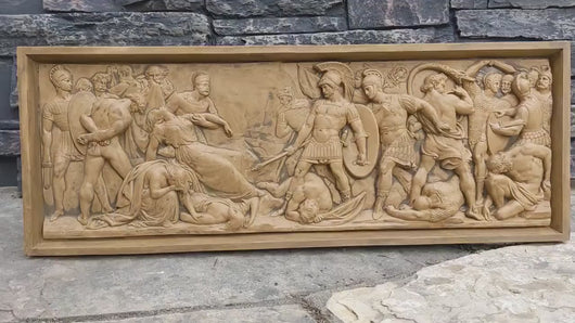 Greek Roman Sarcophagus Battle Scene Sculpture museum reproduction art 26" www.Neo-Mfg.com home decor relief