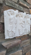 Load and play video in Gallery viewer, Roman Greek slab VI Parthenon north frieze three youths bearing hydriai  Sculptural Wall relief www.Neo-Mfg.com  15.5"
