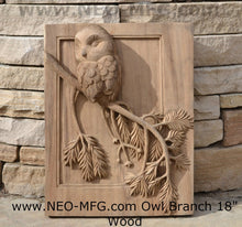 Load image into Gallery viewer, Animal Owl on branch bird Sculptural wall relief carving tile plaque www.Neo-Mfg.com 18&quot;
