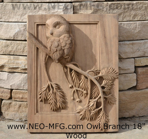 Animal Owl on branch bird Sculptural wall relief carving tile plaque www.Neo-Mfg.com 18"