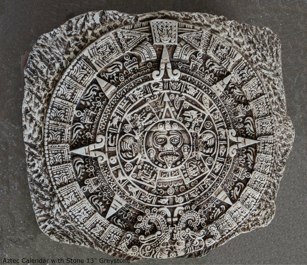History MAYAN AZTEC CALENDAR w stone Sculptural wall relief plaque 13"  www.Neo-Mfg.com